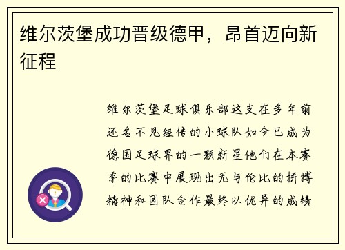 维尔茨堡成功晋级德甲，昂首迈向新征程