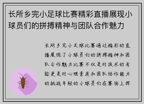 长所乡完小足球比赛精彩直播展现小球员们的拼搏精神与团队合作魅力