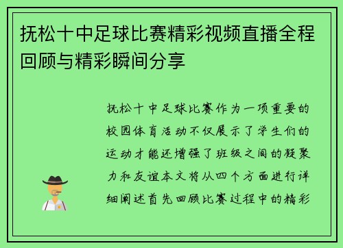 抚松十中足球比赛精彩视频直播全程回顾与精彩瞬间分享